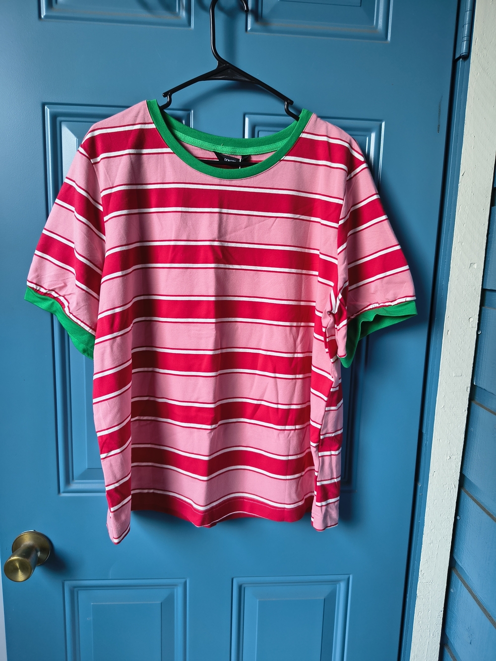 Women’s Pink & Red Striped Short Sleeve Tee with Green Trim
